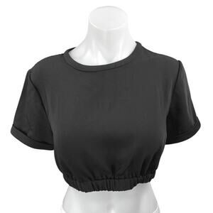 L'Academie Black Crew Neck Short Sleeve Elastic Hem Crop T Shirt Top Size S